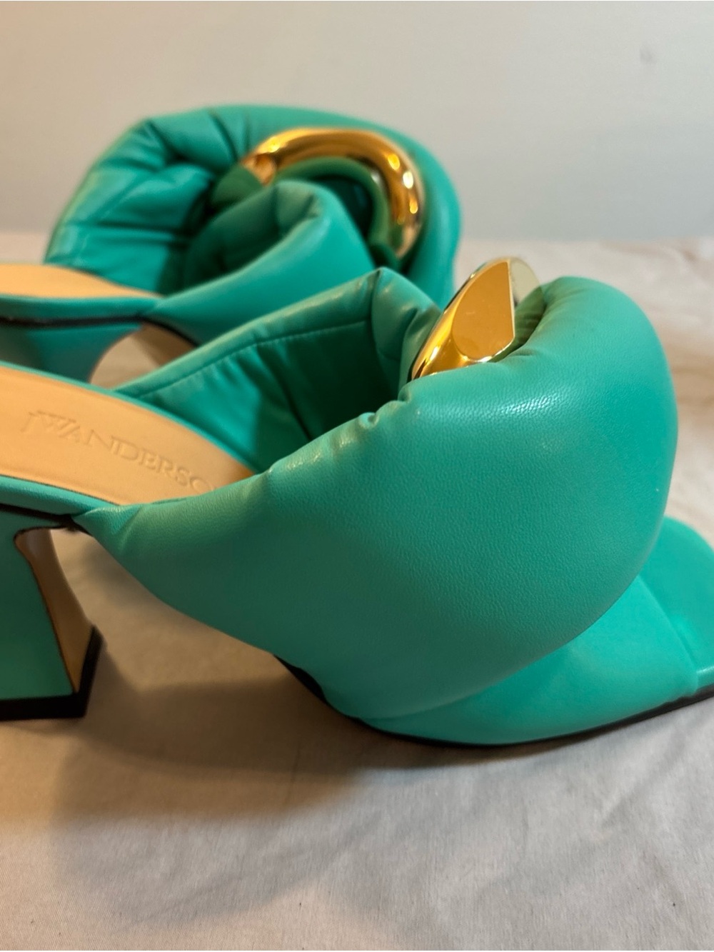 Turquoise Quilted Slide Heels with Gold Accent - Picture 8 of 13